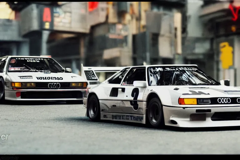 Prompt: single racecar 1988 Audi Quattro, BMW M1, movie still, footage on Tokyo streets, volumetric lighting, f8 aperture, cinematic Eastman 5384 film