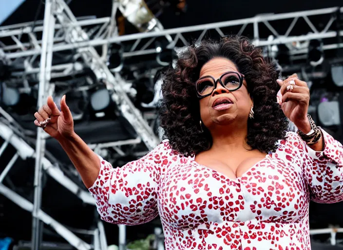 Prompt: photo still of oprah winfrey on stage at the vans warped tour 2 0 1 8!!!!!!!! at age 3 6 years old 3 6 years of age!!!!!!!! tossing bags of money into the crowd, 8 k, 8 5 mm f 1. 8, studio lighting, rim light, right side key light