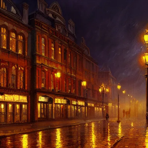 Prompt: A beautiful painting of Victorian city autumn night, hyperrealistic, artstation, detailed, cinematic lighting, concept art, photorealistic