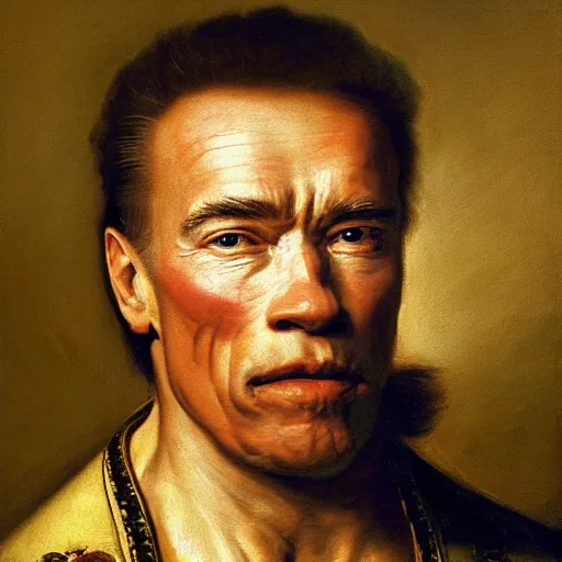 Prompt: King Arnold Schwarzenegger, 17th century oil painting by Rembrandt, 4k,