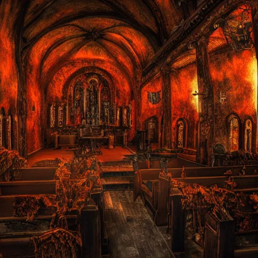 Image similar to church in hell, 8k, ultra detailed