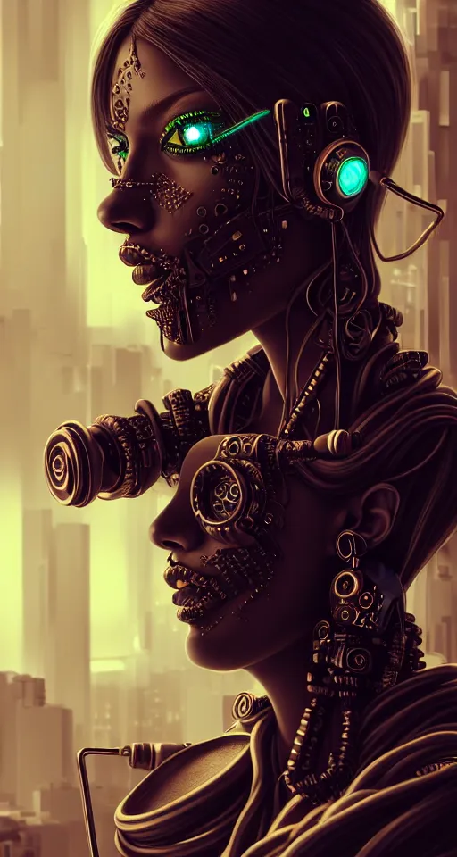 Image similar to soft lustrous ebony dark biotech raver gothic cyborg gutter punk, earbuds, golden ratio, details, scifi, fantasy, cyberpunk, intricate, decadent, highly detailed, digital painting, octane render, artstation, concept art, smooth, sharp focus, illustration, art by artgerm, loish, wlop