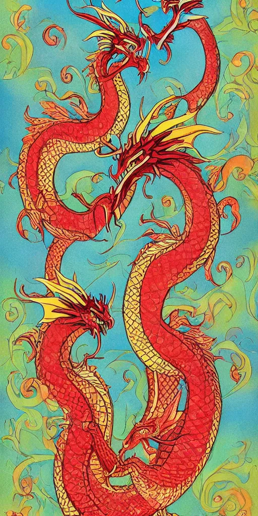 Image similar to greeting card, love, 2 beautiful royal dragons, by wylie beckert, warm colors, cozy