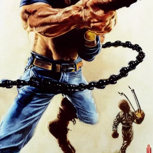 Image similar to cinematic action shot freeze frame portrait of Chuck Norris using nunchaku that are made out of two mini Chuck Norris's connected to each other at their ends by a short metal chain, golden ratio, art by greg rutkowski and frank frazetta and peter mohrbacher and marc silvestri