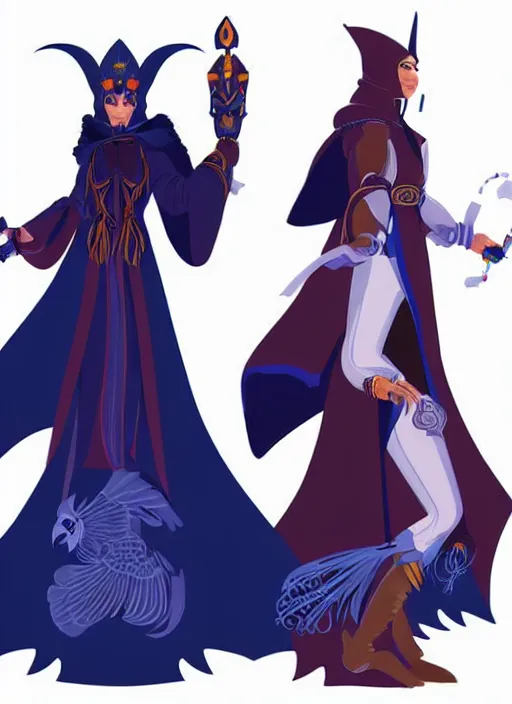 Image similar to hawk and raven headed warlock, wind magic, blue robes, exquisite details, full body character design on a white background, by studio muti