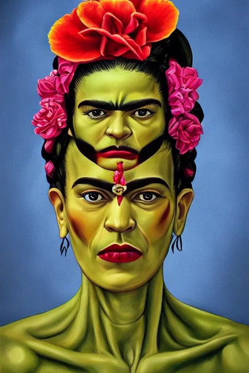 Image similar to ultra detailed incredible hulk portrait in the style of Frida Kahlo