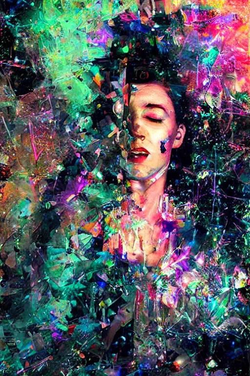 Image similar to portrait,, digital painting, an delightfully mad techno - shaman lady, asleep, synthwave, glitter, glitch, refraction, fracture, realistic, hyperdetailed, chiaroscuro, concept art, painterly, art by john berkey