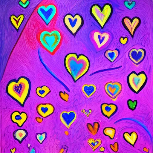 Image similar to a highly definition painting of purple hearts in flames, inspired by lisa frank, matisse, david hockney, trending on artstation, 4 k