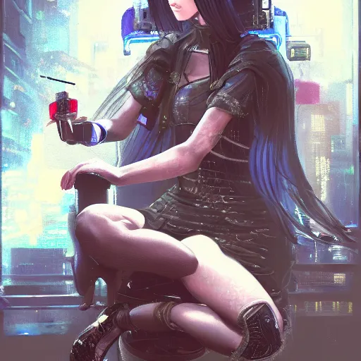 Image similar to a painting of a woman sitting on a stool, cyberpunk art by masamune shirow, pixiv contest winner, fantasy art, enchanting, detailed painting, storybook illustration