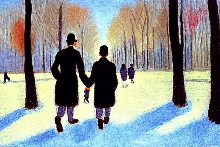 Prompt: a very tall man named John with dark hair holding the hands of a short young boy named Alex with dark hair as they walk in a park on a bright beautiful winter day. part in the style of an edgar degas painting. part in the style of david hockney