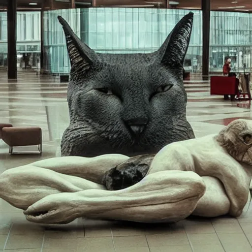 Prompt: photo of a giant human-cat hybrid hybrid sitting in a mall, by Zdzisław Beksiński