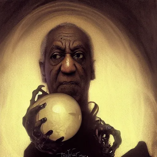 Prompt: hyperrealistic portrait of bill cosby as a vampire witch in a black coat holding a human skull as a crystal ball. by jeremy mann and alphonse mucha, fantasy art, photo realistic, dynamic lighting, artstation, poster, volumetric lighting, very detailed faces, 4 k, award winning