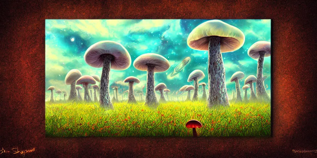 Image similar to spaceport fantasy meadow mushroom lattice, award winning art, epic dreamlike fantasy landscape, art print, science fiction, ultra realistic,