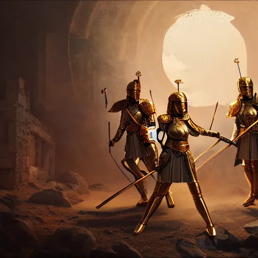 Image similar to An portrait of a female Knights of Zodiac, fgolden and copper armor, fighting at ancinet Agora of Athens, ruins, Golden Light, illustration, art by greg rutkowski and Daeho Cha and WLOP, volumetric light, lightrays, smoke, cinematic, intricate, hypermaximalist, super detailed