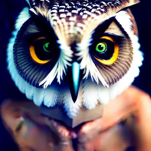 Prompt: beautiful humanized owl girl in full growth, studio shot in style, professional photographer, many details, super realistic, high quality, 8 k