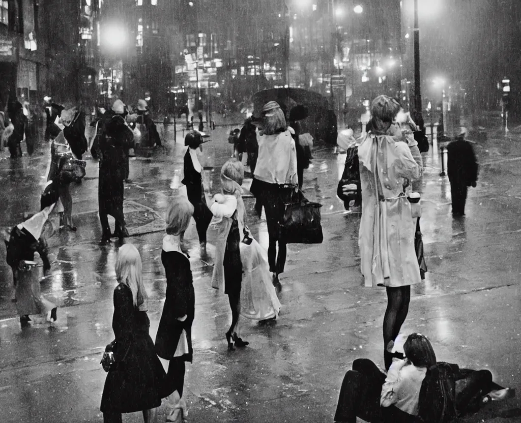 Prompt: 1960s fashion photography on the streets of London photographed by Annie Leibovitz, flash photography, holga, raining!, nighttime, colorful, photorealistic, atmospheric,