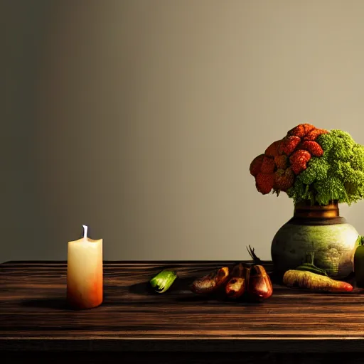Prompt: a large vase on top of a antique wooden table, vegetables on table and candle, medieval concept art, cinematic lightning and colors, vray tracing, rendered in unreal engine, dark lightning, contrast shadows