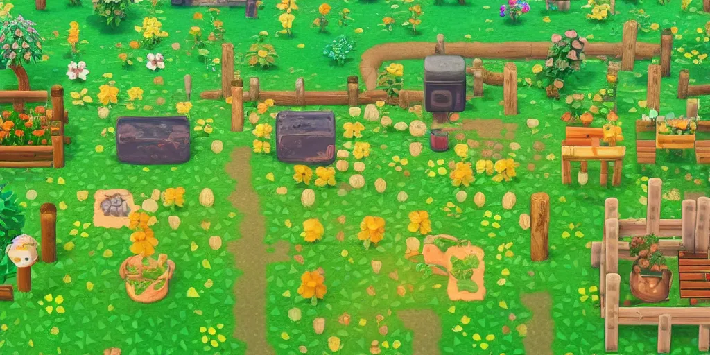 Image similar to miniature garden, cottagecore, animal crossing, stardew valley, moss, plants, cute, friendly