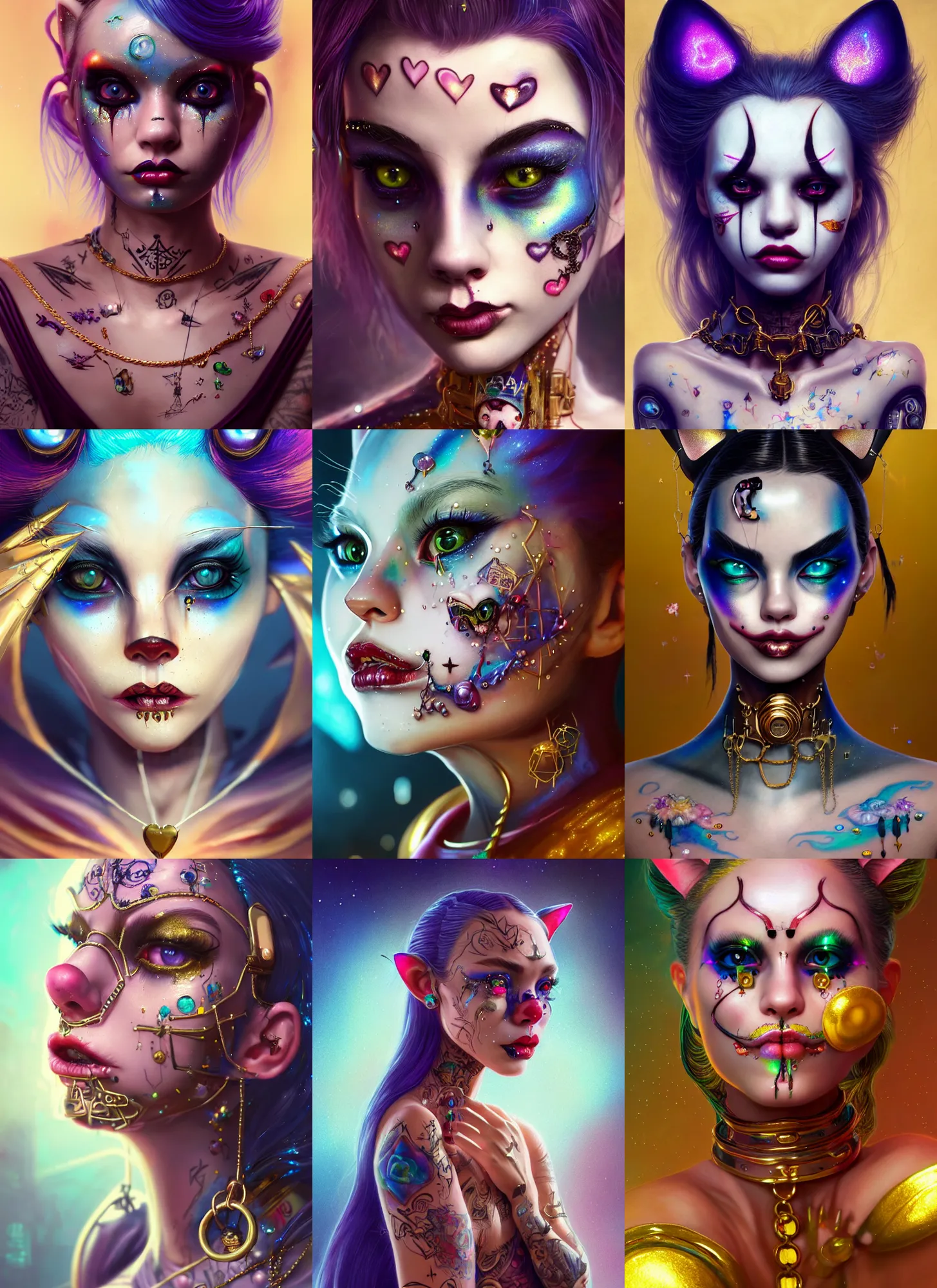 Prompt: disney 8 k photo, stunning shiny sweaty porcelain rich grand iridescent emo cat edc chained clowncore cyborg college ig girl, face tattoos, golden ratio details, sci fi, fantasy, cyberpunk, intricate, decadent, highly detailed, digital painting, octane render, artstation, concept art, smooth, sharp focus, illustration, art by loish, wlop