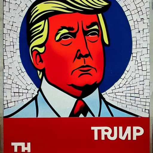 Image similar to a colorful Soviet propaganda poster of Donald trumps face looking at the, mosaic, high contrast,