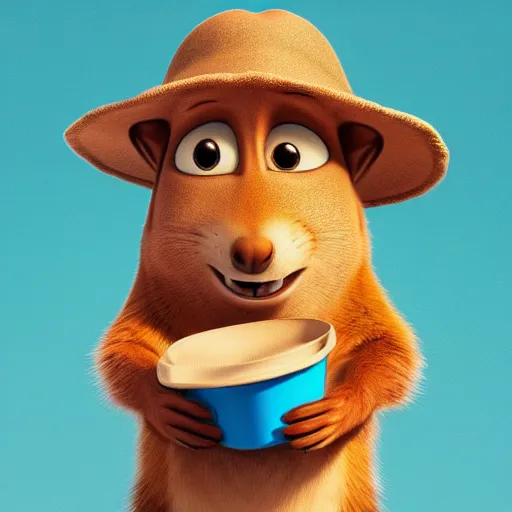 Prompt: a squirrel wearing a bucket hat. pixar.