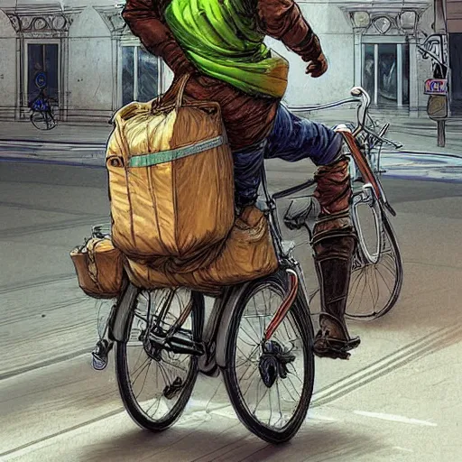 Image similar to a bearded and long haired bicycle food delivery worker with a green bag on his back in rossio lisbon, he has boots, epic fantasy style art by kim jung gi, fantasy epic digital art