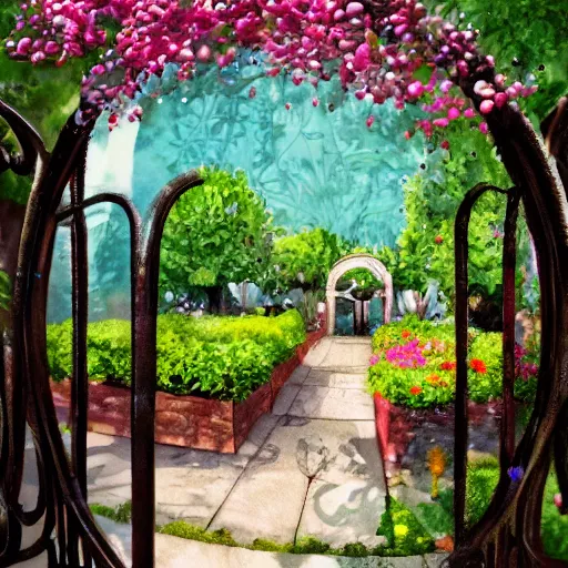 Image similar to delicate, chairs, garden, paved, botanic watercolors, iridescent, 8 k, realistic shaded, fine details, artstation, italian, iron gate, tree, mediterranean, neon flowers