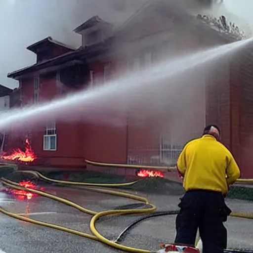 Prompt: Firefighters spraying firehose that only sprays flaming gasoline on to a flaming building