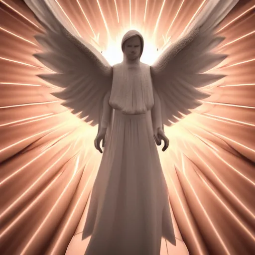 Image similar to biblically acurate angel, highly detailed, white, feathers, red, heavenly, dynamic lighting, 3 d rendering, blender, unreal engine, eyes, realistic.