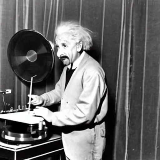 Image similar to photo of Albert Einstein DJing a phonograph, vintage