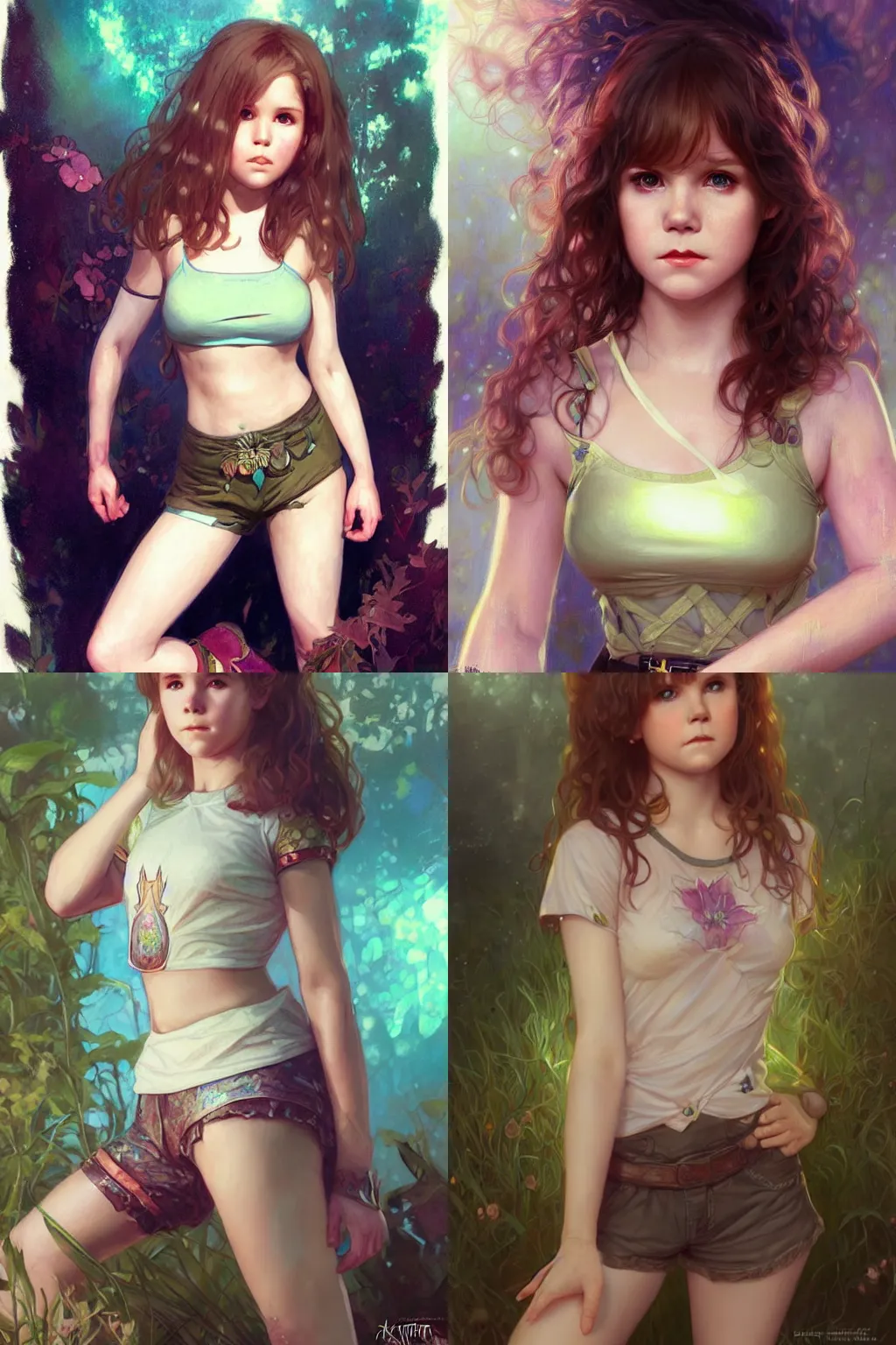 Prompt: beautiful very detailed portrait of! young linda blair!, bioluminscent crop top and shorts, hyper realistic, by krenz cushart and mucha and trnyteal and ra - lilium