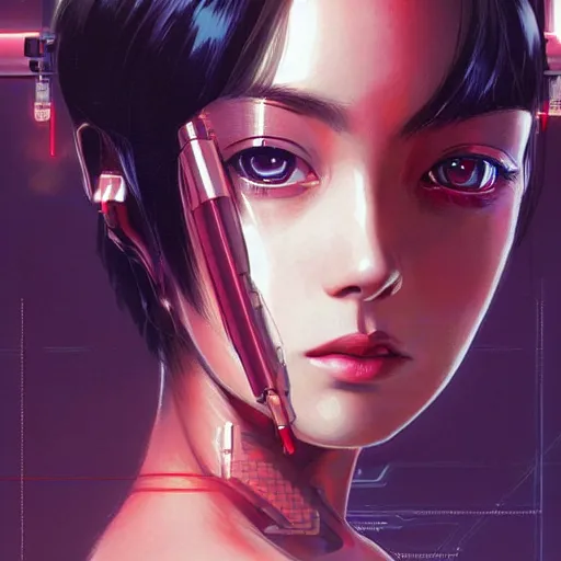 Image similar to A beautiful cyborg woman with big and cute eyes || VERY VERY ANIME, fine-face, realistic shaded perfect face, fine details. Anime. realistic shaded lighting poster by Ilya Kuvshinov katsuhiro otomo ghost-in-the-shell, magali villeneuve, artgerm, Jeremy Lipkin and Michael Garmash, Rob Rey and Kentarõ Miura, trending on art station