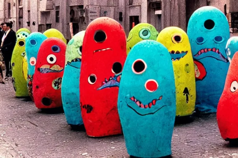 Prompt: colourful creepy umibozu monsters parading the streets of Rome, 1980 photograph, photo real