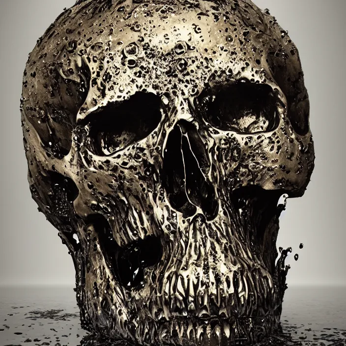 Image similar to a melting dripping human skull. ferrofluids, melted metal, burning water distortions. intricate abstract. intricate artwork. by Tooth Wu, wlop, beeple, dan mumford. octane render, trending on artstation, greg rutkowski very coherent symmetrical artwork. cinematic, hyper realism, high detail, octane render, 8k, depth of field, bokeh. iridescent accents