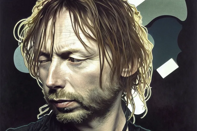 Image similar to hyper realistic portrait of thom yorke singer songwriter, side, liminal space, by lee bermejo, alphonse mucha and greg rutkowski