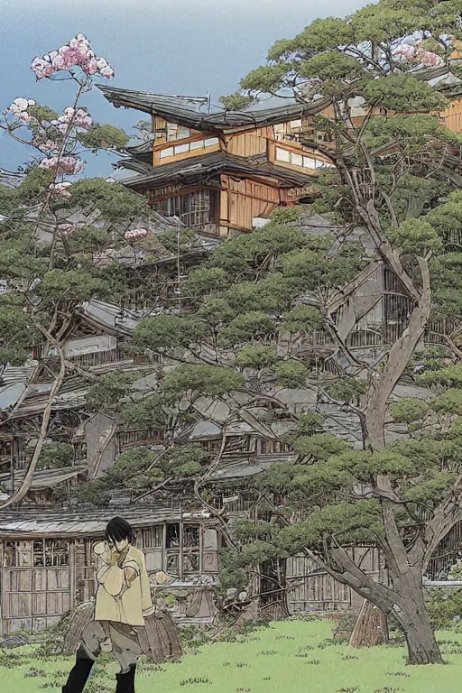 Image similar to beautiful anime illustration of a rural japanese home, by moebius, masamune shirow and katsuhiro otomo