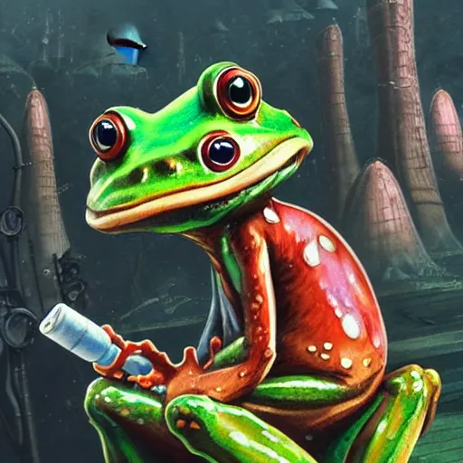 Image similar to A close up portrait of a scary godlike anthropomorphic frog smoking an anime cigarette , magic mushroom village in background . award winning. superb resolution. in the art style of junji Ito and greg rutkowski . Detailed Mushroom city in background. Hyper realistic anime. Perfect art. Dalle2