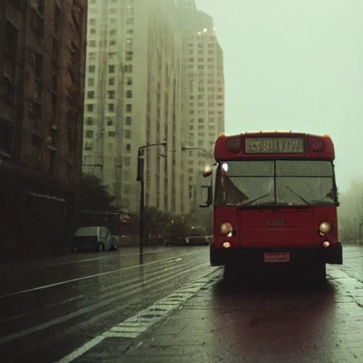 Image similar to 1990s perfect 8K HD professional cinematic photo of a bus in dystopian city, at evening during rain, at instagram, Behance, Adobe Lightroom, with instagram filters, depth of field, taken with polaroid kodak portra