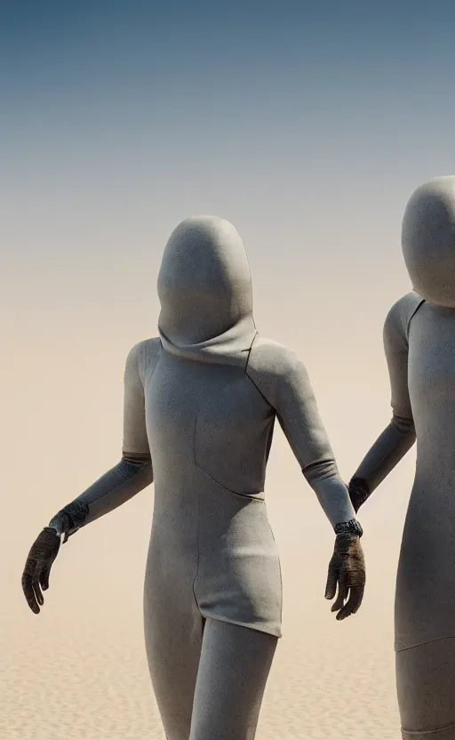 Image similar to closeup of people in futuristic gray body suits in the desert, on the horizon a giant sandstorm, dystopic, dust, intricate, highly detailed, photorealistic