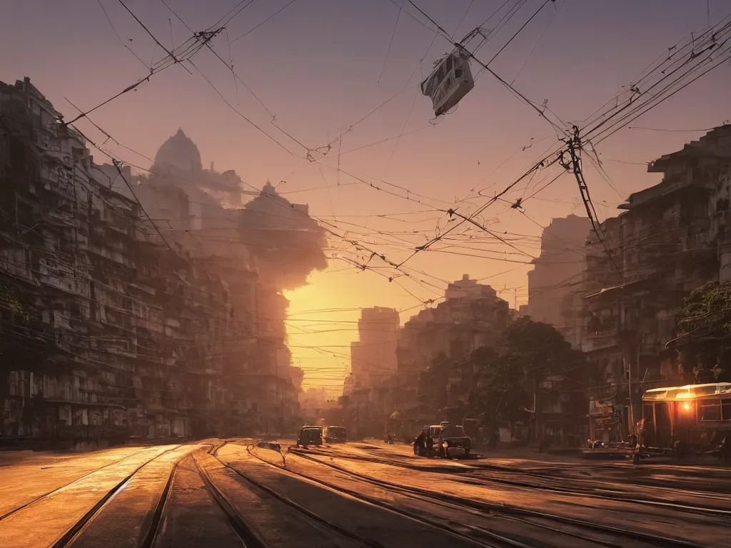 Image similar to streets of kolkata, sunset, airship in the sky over tram, train on road, clear skies in the distance, hyperreal, artstation