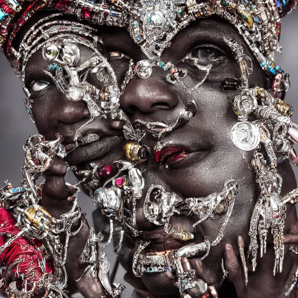 Prompt: a high-resolution color-chrome closeup portrait, hyper realistic African voodoo priest, kissing a incredible elegant alien rococo Queen, ornate jewelled, sci-fi, high-tech, beautiful low light, style Steve McCurry Octane render 8k