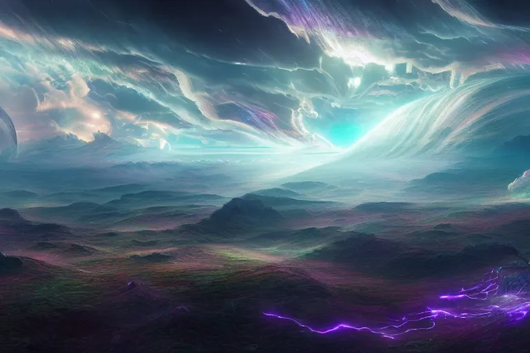 Image similar to a psychedelic realm with rolling plains made out of clouds, and torn rift in the sky that leads into another galaxy in another universe, in the style of wlop, illustration, epic, fantasy, hyper detailed, smooth, unreal engine, sharp focus, ray tracing