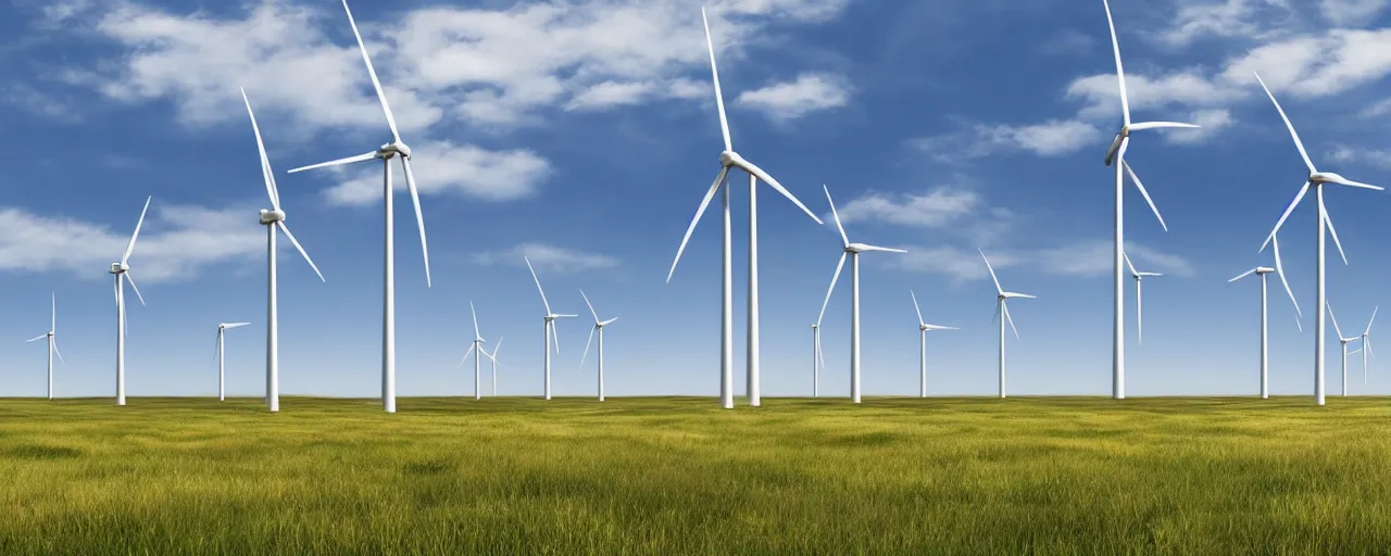 Prompt: A long line of wind turbines from the foreground into the background and horizon, on a grassy hill on the countryside, mid-day, blue sky with minimal clouds, realistic, 4k resolution, 8k resolution, HD Quality, highly detailed, very detailed, detailed, digital art, trending on artstation, in the style of Jamie Hewlett