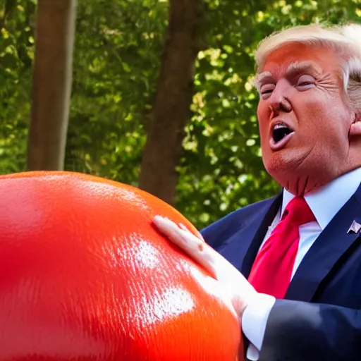 Image similar to portrait photo of Donald Trump finding a giant red mushroom, exhilarated, portrait, closeup. mouth open, 30mm, bokeh