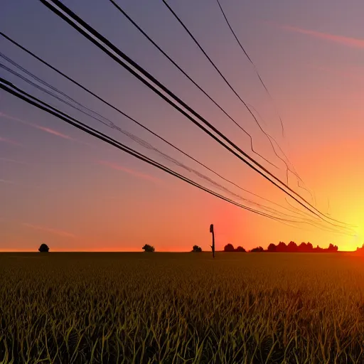 Prompt: electric line between a field coupled with a sunset, ultra-realistic graphics