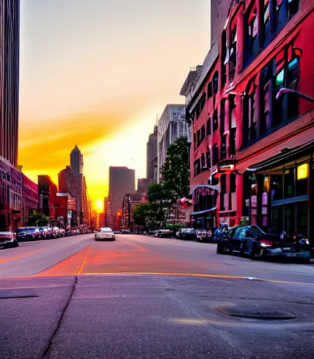 Prompt: award - winning photography, photograph of sunset, golden hour, shot down a street in downtown manhattan, perspective, leading lines, composition, hdri, canon, color graded