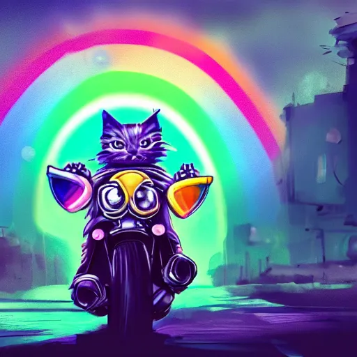 Image similar to wide angle full body, jacket wearing fluffy cute rainbow kitten wearing a black leather motorcycle jacket, riding on a motorcycle, cinematic concept art