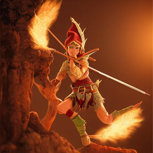 Prompt: beautiful fine art photo of a elf fire archer, photorealistic, centered, highly detailed and intricate, sun lighting, 8k