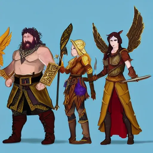 Prompt: a fantasy adventuring party consisting of a male dwarf cleric, a male halfling thief, a non - binary halfling with golden wings, a male human ranger with an old bow, a female wood elf druid, a male yuan - ti pure blood warlock, a female elf wizard and a male humanoid fox warrior