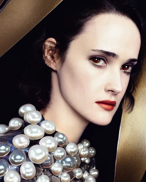 Image similar to gorgeous young winona ryder wearing a futuristic metal kimono, half body portrait, greg kutkowski, sharp details, soft lighting, subsurface scattering, pearls of sweat, glistening skin, warm lighting